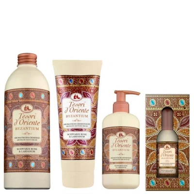 Abbildung von Tesori d&#039;Oriente Pflege Geschenkset Wellness Ritual Byzantium Sinnliches Baden, Reise in den Orient Set, 4 tlg., Badezusatz Duschgel Creme und Parfum