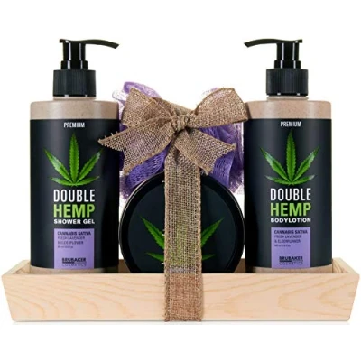 Abbildung von BRUBAKER Cosmetics Hanföl Dusch und Pflege Set frischer Lavendel &amp; Holunderblüten mit Deko Tablett aus Holz