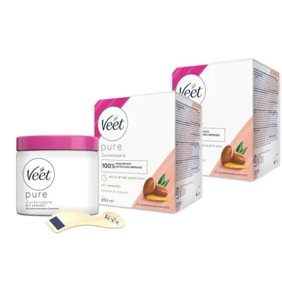 Abbildung von Veet Pure Zuckerpaste mit Arganöl 2er Pack Sugaring Paste für die Haarentfernung an Körper &amp; Gesicht 2 x 250 ml inkl. Holzspatel Stoffstreifen