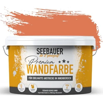 Abbildung von SEEBAUER diy Wandfarbe orange 5L für Innen (No. 502 Bali Sunset) Edelmatte Innenfarbe Orangetöne sehr hohe Deckkraft Matt, Abwaschbar und Tropffrei