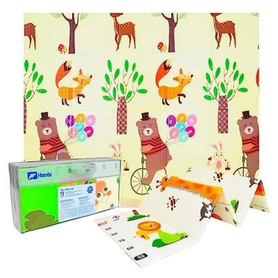 Abbildung von Humbi Spielmatte Baby Krabbelmatte Faltbarer XPE Schaumstoff Doppelseitig Wasserdicht Größe 150x180x1cm Teppich Babymatte rutschfest Tragbar… (Giraffen/Tiere)