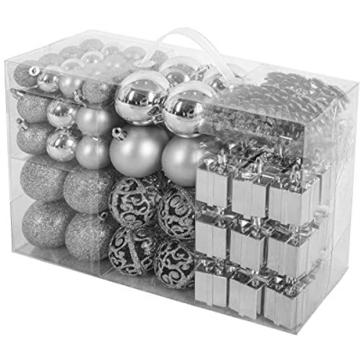 Abbildung von BRUBAKER 101 teiliges Premium Weihnachtskugel Set mit Baumspitze Silber Funkelnde Christbaumkugeln für den Weihnachtsbaum