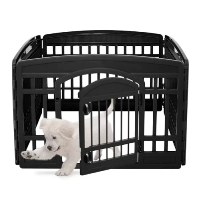 Abbildung von Iris Ohyama Welpenauslauf mit 4 Paneelen und abschließbarer Tür, H60cm, Schwarz, Katzengehege, Hundebox, Für Outdoor, Indoor, Welpenlaufstall, Hundezaun, Welpenzaun, Laufstall Hund, CI 604E WD