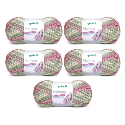 Abbildung von Gründl Wolle Mohanna Strick und Häkelgarn aus 90% Polyacryl, 10% Mohair, 5 x 100 g, dicke Wolle, grün rosè pink