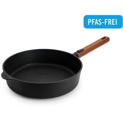 Abbildung von Woll Eco Logic QXR Guss Hochrandpfanne Induktiv , Ø 28 cm, 7 cm hoch, mit abnehmbarem nachhaltigem Holzstiel Geeignet für alle Herdarten, PFAS frei, Antihaft Versiegelung, Aluminiumguss