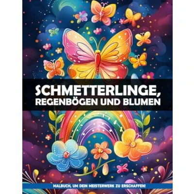 Abbildung von Schmetterlinge, Regenbögen Und Blumen Malbuch: Regenbogen Einfache Malvorlagen Für Erwachsene In Großer Schrift, Perfekte Geschenke Alle Altersgruppen
