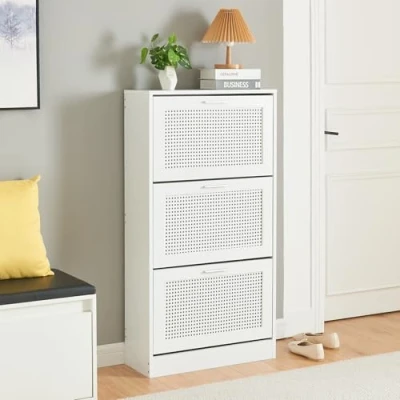 Abbildung von [en.casa] Schuhschrank Vesilahti Schuhkipper mit 3 Klappen Schuhkommode für 12 Paar Schuhe 115 x 60 24 cm Flur Schuhaufbewahrung Rattanoptik Weiß