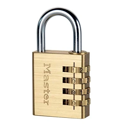 Abbildung von MASTER LOCK 40 mm breites Vorhngeschloss mit individuell einstellbarer Zahlenkombination Messingoberflche, Herkömmliches Vorhängeschloss, Zahlenschloss, Selbstlagerung, Aufbewahrungsspind, Werkzeugkasten, Messing, Silber, Aluminium, Stahl