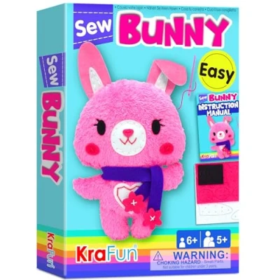 Abbildung von KRAFUN Nähset für Kinder Anfänger My First Art &amp; Craft, enthält Häschenpuppe Stofftier, Anleitung und Plüschfilzmaterialien zum Nähen lernen, Sticken, Alter 7 8 9 10 11 12