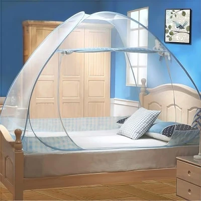 Abbildung von Digead Moskitonetz Bett,Faltbares Bett moskitonetz, Tragbares Reise Einzeltür Moskito Campingvorhang,100 x 200 cm Blauer Rand