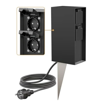 Abbildung von ledscom.de Garten Steckdosen Säule POMI mit Erdspieß und 2m Kabel für außen, IP44, 4 Fach, schwarz, eckig, 23cm