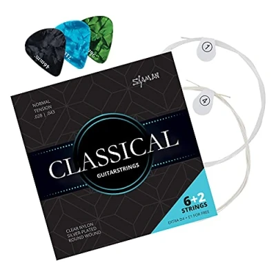Abbildung von Shaman Saiten Gitarrensaiten für Konzertgitarre, (6+2 Set, 11 tlg), Kompletter Satz plus 2 Ersatz (E1 und D4)