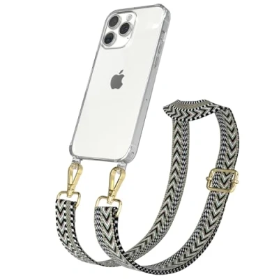 Abbildung von EAZY CASE Handykette mit verstellbarem Trageriemen für iPhone 15 Pro Max Taschengurt zum Wechseln transparenter Handyhülle Hülle dünner Schulterriemen in Grün Schwarz Gold