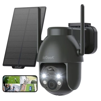 Abbildung von ieGeek 2K 3MP Überwachungskamera Aussen Solar, 360 PTZ Akku, 2.4GHz Kabellos mit PIR Bewegungsmelder,Farb Nachtsicht, 2 Wege Audio, IP65