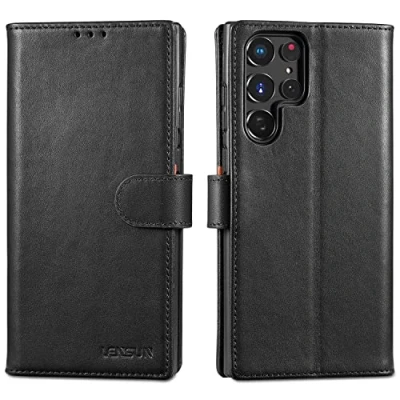 Abbildung von LENSUN Echtleder Hülle für Samsung Galaxy S22 Ultra, Handyhülle Echt Leder [Magnetverschluss][RFID] Handytasche Lederhülle Ultra 5G Schwarz