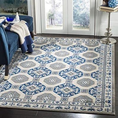 Abbildung von SAFAVIEH Traditionell Teppich für Wohnzimmer, Esszimmer, Schlafzimmer Patina Collection, Kurzer Flor, Blau und Elfenbein, 155 X 229 cm