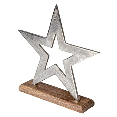 Abbildung von levandeo Stern 30x30cm Metall Mango Silber Braun Tischdeko Holz Metallstern Dekoration Deko Aufsteller Weihnachten Wohndekoration Geschenk
