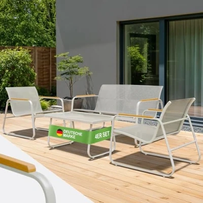 Abbildung von Blumtal Gartenmöbel Set 4er Balkonmöbel für 4 Personen 2 x Sessel + 1 Bank Tisch Terrassenmöbel außen Gartenlounge Balkon Möbel Möbelsets Sitzgruppe Outdoor Lounge Grau