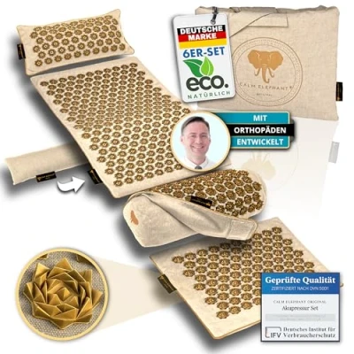 Abbildung von CALM ELEPHANT ORIGINAL® Akupressurmatte mit Kissen XXL Set ULTIMATE 6 teilig, Massagematte Rücken, Verspannungen lösen, Akupunktur Matte, Wärmefunktion, Lenden &amp; Kniekissen, Fußmatte, beige
