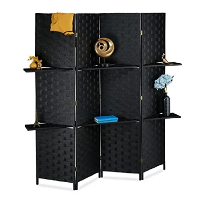 Abbildung von Relaxdays Paravent, 4 teilig, 2 Ablagen, Faltbarer Raumtrenner, HxB: 180x180 cm, innen, freistehende Trennwand, schwarz