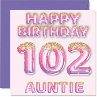 Abbildung von Stuff4 Geburtstagskarte zum 102. Geburtstag für Tante rosa &amp; lila Glitzerballons Happy Birthday Karten 102 Jahre alte von Neffe Nichte, 145 mm x