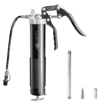 Abbildung von CCLIFE Einhand Fettpresse 6000 PSI Pistolengriff Schmierung Hebelfettpresse für 400g Kartusche 12&#039; Flexschlauch und Metall Verlängerung
