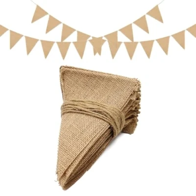 Abbildung von jijAcraft 2.8M Jute Wimpelkette Outdoor, Vintage Boho, Sackleinen Wimpelgirlande mit 13 Stück Wimpel, 1 Girlande Rustikal für Geburtstag, Babytaufe, Kinderzimmer