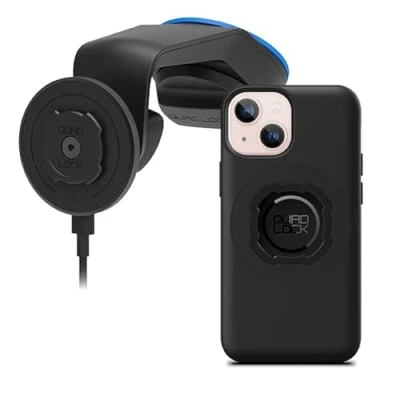 Abbildung von Quad Lock Windschutzscheibe /Armaturenbrett Saugnapfhalterung Handyhalterung Auto mit MAG Wireless Charging Head V2 und iPhone 13 Mini Hülle