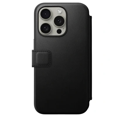 Abbildung von Apple iPhone 15 Pro Hülle MagSafe Echtleder Nomad KlappHülle Handyhülle Schwarz Shockproof/Stoßfest