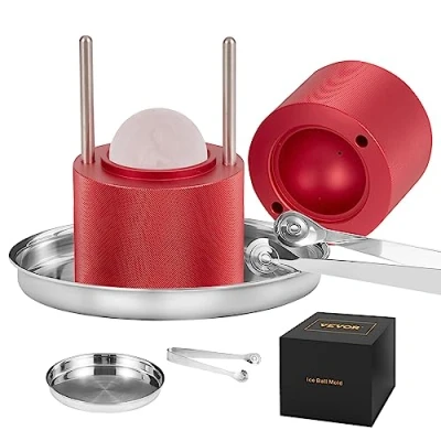 Abbildung von VEVOR Ice Ball Maker Eiskugelpresse Satz 60 mm, Eiswürfelform Eiskugelform mit Eiszange &amp; Tropfschale, Alu Rote Strapazierfähige Eiswürfelformen Eiswürfelbehälter Whisky Americano, Saft Milch