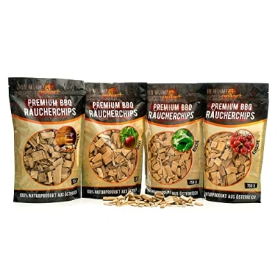 Abbildung von grillart® Premium BBQ Räucherchips Mix 4er XL Set für das besondere Raucharoma sehr rauchaktives Räucherholz/Holzhackschnitzel Vorteilspack 4x 750g Beutel