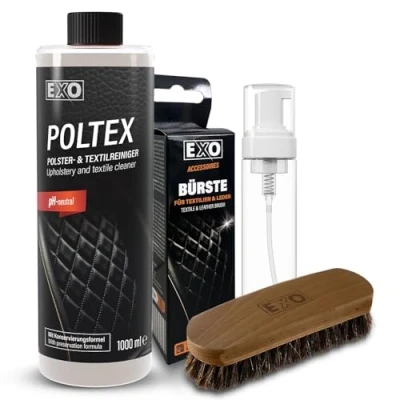 Abbildung von EXO® Textilreiniger POLTEX Set (1 Liter) mit 200 ml Foamer und Bürste Textil Polsterreiniger für Teppiche, Autositze, Polstermöbel UVM. die Innenreinigung