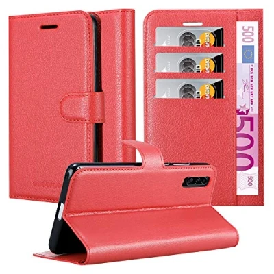 Abbildung von Cadorabo Hülle kompatibel mit Samsung Galaxy A90 5G Handyhülle aus Premium Kunst Leder Flip Klappbare Stoßfeste Magnetische [Standfunktion] [Kartenfächern] Cover für Tasche in Rot