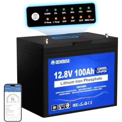 Abbildung von DCHOUSE 12V 100Ah LiFePO4 Lithium Batterie, Niedertemperaturschutz Batterie,eingebaut in 100A Smart BMS, bis zu 15000 Zyklen, für Trolling Motor, Wohnmobil, Solaranlage, Off Grid