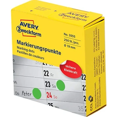 Abbildung von AVERY Zweckform 3855 selbstklebende Markierungspunkte (ø 19 mm, 250 Klebepunkte auf Rolle im Spender, runde Aufkleber für Kalender, Planer und zum Basteln) grün