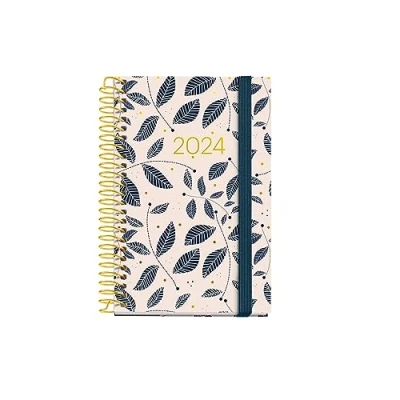 Abbildung von Miquelrius Jahreskalender 2024, Tagesansicht, Caddy 80 x 120 mm, Hardcover, Spiralbindung, Gummiverschluss, Katalanisch, Englisch und Portugiesisch, Blätter mit Goldstempel