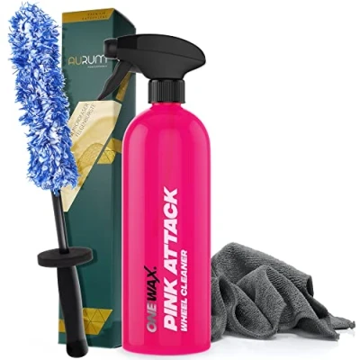 Abbildung von detailmate Felgenreinigungsset: OneWax Pink Attack Wheel Cleaner 750ml + Aurum ultraFlat Microfaser Felgenbürste Mikrofasertuch 320GSM