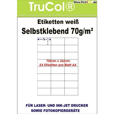 Abbildung von 2400 Universal Qualitäts Etiketten 70 x 36 mm selbstklebend weiß bedruckbar 100 DIN A4 Bogen à 3x8 70x36 Labels