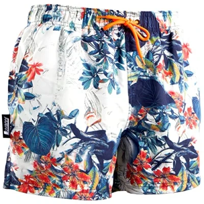 Abbildung von Luvanni Badehose für Herren Schnelltrocknende Badeshorts 29v2 mit Kordelzug Beachshorts Boardshorts Schwimmhose Männer Muster Blätter Jungle Blatt Blumen Tropisch L