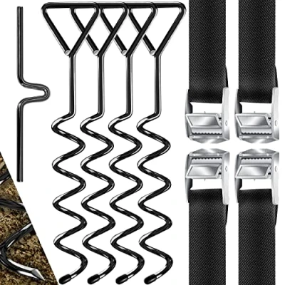 Abbildung von KESSER® 4 Bodenanker Erdanker 9 teiliges Set Befestigung für Trampolin, Schaukel, Pavillon, Partyzelt, Gartenhaus, Zelt, aus 1cm Ø Stahl Zum Eindrehen, + Gurte Drehhilfe