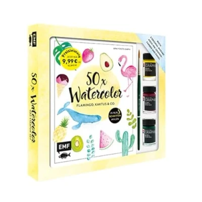 Abbildung von 50 x Watercolor Flamingo, Kaktus &amp; Co. Starter Set Sonderausgabe: Die beliebtesten Aquarellmotive in nur 5 Schritten Buch, 3 original Marabu Aqua Ink Graphix Farben und Pinsel