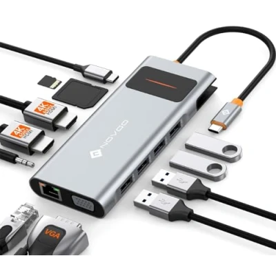Abbildung von Docking Station USB C Triple Display, NOVOO 12 in 1 Hub mit 2 HDMI, VGA, Ethernet, SD/TF Kartenleser, 4 USB, 3,5 mm Audio und Schnellladung PD 100 W für MacBook/Dell/Surface/HP
