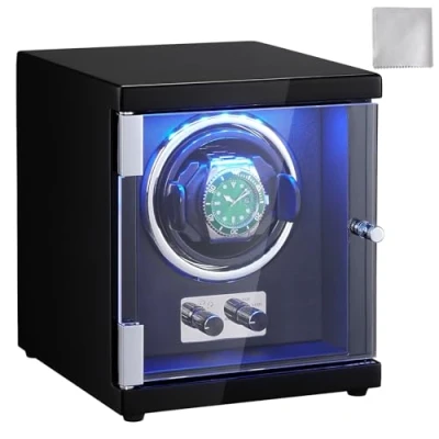 Abbildung von VEVOR Uhrenbeweger, Automatik Watch Winder, Uhrenbeweger für Automatikuhren, Automatischer mit Platz 1 Uhr, LED Beleuchtung, 150207 mm Einstellbare Riemenlänge