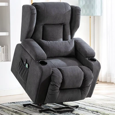 Abbildung von COMHOMA Elektrischer Relaxsessel, Wohnzimmer, Massage, TV, neigbar, Vibration, Heizung, Stehend, verstellbare Rückenlehne mit Fußstütze und Getränkehalter, braun