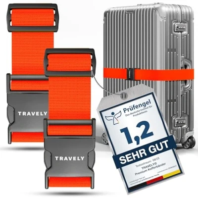 Abbildung von Travely® Premium Koffergurt Besonders Auffällig &amp; Sicher Inkl. 2 Namensschildern Gepäckband ideal über Kreuz [2er Set] Orange