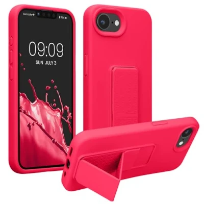 Abbildung von kwmobile Handyhülle kompatibel mit Apple iPhone SE 2025 / 4 4. Generation Hülle Fingerhalter und Standfunktion Silikon Case Handy Cover in Neon Pink