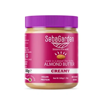 Abbildung von Mandelmus Seba Garden reine natürliche cremige glatte kalifornische Mandeln Butteraufstrich, 100% Mandeln, Paleo, Keto freundlich, ohne Zuckerzusatz (500 g)