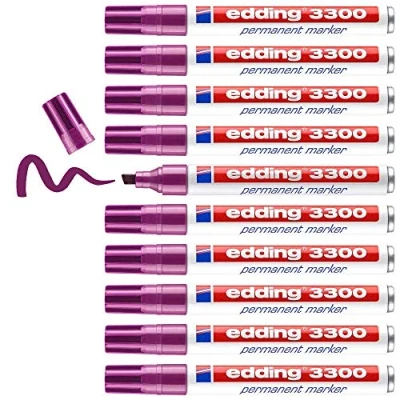 Abbildung von edding 3300 Permanentmarker rot violett (lila) 10 Stifte Keil Spitze 1,5 3 mm schnell trocknend, wasserfest, wischfest für Karton, Kunststoff, Holz, Metall Universalmarker