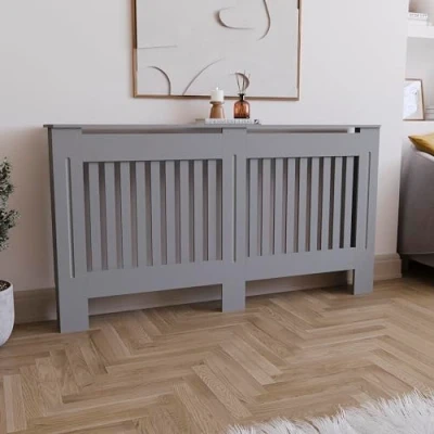 Abbildung von Vida Designs Chelsea Heizkörperabdeckung, modernes Lamellengrill Design, grau lackierter MDF Schrank, groß, (H: 82 / B: 152 T: 19 cm)