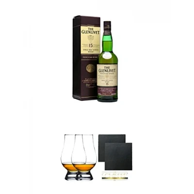 Abbildung von Glenlivet 15 Jahre French Oak Reserve Single Malt Whisky 0,7 Liter + The Glencairn Glass Glas Stölzle 2 Stück Schiefer Glasuntersetzer eckig ca. 9,5 cm Ø